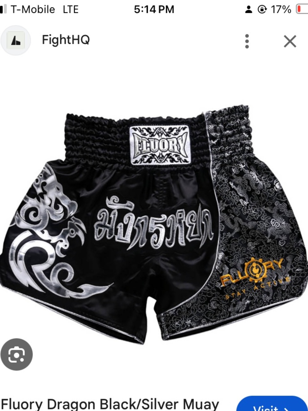 FLUORY DRAGON BLACK/SILVER MUAY THAI SHORTS size XL